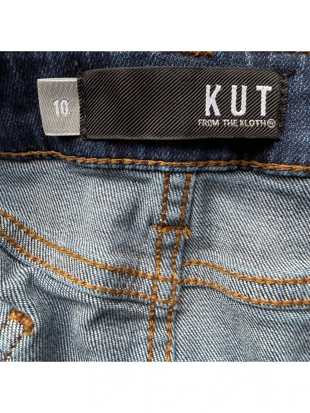 KUT From The Kloth Connie Denim Skirt Raw Hem Side Slits Stretch Size 10